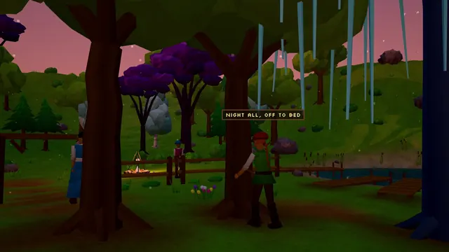 At dusk a woodcutter keeps chopping under purple trees while a campfire glows by the fence.
