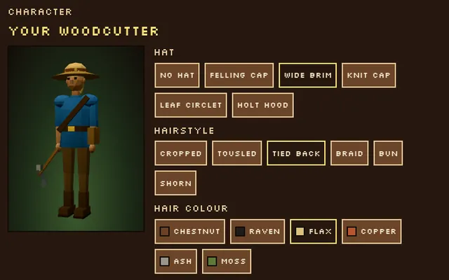 The character screen with a woodcutter in a wide-brim hat