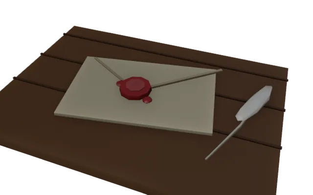 A letter closed with a red wax seal, beside a quill