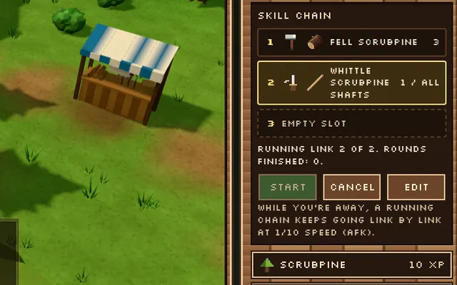 The Chains tab with a two-step chain of felling and whittling